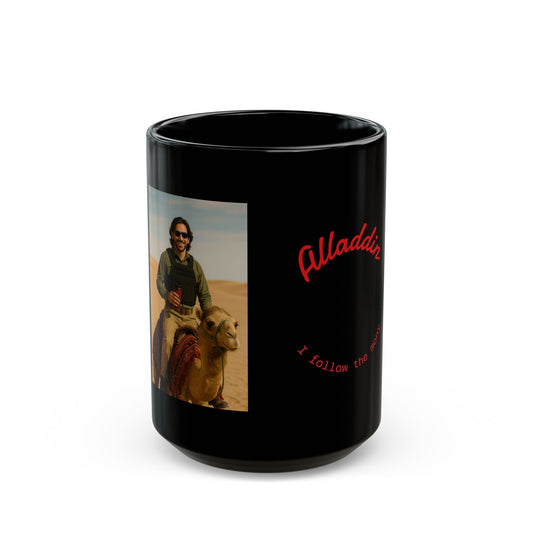 Alladdin Inspired Black Mug, I Follow The Man! Coffee Cup, Gift for Disney Fans, Unique Artwork, Perfect for Reminiscing