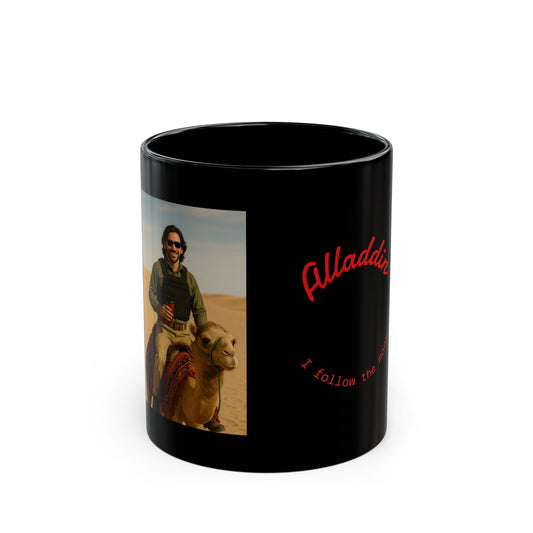 Alladdin Inspired Black Mug, I Follow The Man! Coffee Cup, Gift for Disney Fans, Unique Artwork, Perfect for Reminiscing